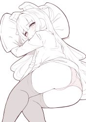 Rule 34 | 1girl, :t, absurdres, ass, azur lane, blush, closed mouth, commentary request, feet out of frame, highres, knees together feet apart, long hair, long sleeves, looking at viewer, monochrome, moyoron, panties, pillow, pout, shadow, shirt, solo, spot color, tashkent (azur lane), thighhighs, underwear, very long hair, white background