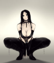 Rule 34 | 10s, 1girl, bare shoulders, black hair, boots, breasts, cleavage, fingerless gloves, gloves, green eyes, highres, large breasts, laura kinney, long hair, marvel, negresco, solo, squatting, x-23, x-men