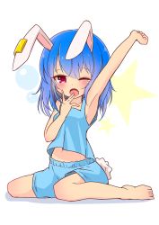 Rule 34 | 1girl, animal ears, armpits, arms up, barefoot, blue camisole, blue hair, blue shorts, rabbit ears, rabbit tail, camisole, clenched hand, commentary request, hand to own mouth, highres, inon, long hair, midriff, navel, one eye closed, open mouth, red eyes, seiran (touhou), shorts, sleepy, solo, stretching, tail, tears, toes, touhou, yawning