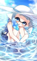 Rule 34 | 1girl, amakusa setoka, anklet, barefoot, bikini, bikini skirt, blue bikini, blue eyes, blue hair, blue sky, blue tongue, blunt bangs, cloud, cloudy sky, colored tongue, commentary, english commentary, frilled bikini, frills, hat, highres, hugging own legs, inkling, inkling girl, inkling player character, jewelry, lens flare, looking at viewer, medium hair, nintendo, parted lips, pointy ears, sitting, sky, solo, splatoon (series), splatoon 2, sun, sun hat, sunlight, swimsuit, tentacle hair, wading, water, wet, white hat