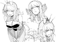 1girl, :d, au ra, bare shoulders, breasts, cleavage, closed mouth, final fantasy, final fantasy xiv, finger to cheek, fishnet legwear, fishnets, greyscale, hand up, horns, ishii hisao, large breasts, leaning forward, leotard, long hair, looking at viewer, monochrome, monster girl, multiple views, one eye closed, open mouth, original, pantyhose, playboy bunny, scales, simple background, smile, tail, white background