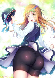 Rule 34 | 1boy, androgynous, ass, bike shorts, blonde hair, blush, bulge, clothes lift, crossdressing, dress, from behind, from below, hair ornament, hairclip, hat, unworn hat, unworn headwear, highres, huge ass, long hair, looking at viewer, natsusora wakana, novady, open mouth, original, pantylines, shiny clothes, shiny skin, skirt, skirt lift, smile, solo, trap, wide hips, wind, wind lift, yellow eyes