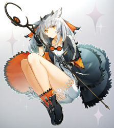 Rule 34 | 1girl, absurdres, animal ears, arknights, bare legs, black coat, black footwear, boots, closed mouth, coat, commentary, dress, feather-trimmed coat, gloves, goggles, grey background, grey hair, highres, holding, holding staff, looking at viewer, medium hair, orange eyes, orange socks, owl ears, ptilopsis (arknights), short dress, socks, solo, staff, tamu (tamurarucaffe1226), white dress