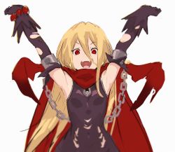 Rule 34 | 1girl, :d, armpits, black dress, blonde hair, cape, chain, dress, elbow gloves, evileye (overlord), gloves, hair between eyes, hands up, heart, heart in mouth, long hair, looking at viewer, official art, open mouth, overlord (maruyama), red cape, red eyes, simple background, smile, so-bin, solo, teeth, torn clothes, torn gloves, upper teeth only, white background, wide-eyed