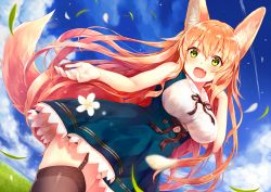 Rule 34 | 1girl, :d, animal ears, black thighhighs, blue sky, blurry, breasts, cloud, commentary request, day, depth of field, dutch angle, fang, fox ears, fox girl, fox tail, garter straps, grass, green eyes, hair between eyes, highres, large breasts, long hair, looking at viewer, medium breasts, meme attire, open mouth, orange hair, original, outdoors, panties, pantyshot, sky, smile, solo, sukemyon, tail, thighhighs, underbust, underwear, virgin killer outfit, white panties