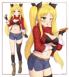 Rule 34 | 1girl, antenna hair, arm under breasts, asymmetrical legwear, azur lane, belt, bikini, bikini top only, black bikini, black gloves, black socks, blonde hair, blush, boots, border, breasts, brown belt, brown footwear, cleavage, commentary, cowboy shot, cropped jacket, d.birb, denim, denim shorts, fingerless gloves, food, food on body, food on breasts, full body, gloves, green eyes, groin, hair ribbon, hand up, highres, holding, holding food, hornet (azur lane), hornet (freshly-baked bonding!) (azur lane), jacket, kneehighs, large breasts, long hair, long sleeves, looking at viewer, midriff, navel, official alternate costume, one eye closed, open clothes, open jacket, open mouth, parted bangs, pizza, pizza slice, red jacket, red scarf, ribbon, scarf, short shorts, shorts, sidelocks, signature, simple background, single kneehigh, single sock, single thighhigh, skindentation, sleeve cuffs, smile, socks, standing, swimsuit, teeth, thighhighs, twintails, twitter username, upper teeth only, white background