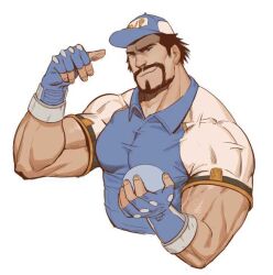 Rule 34 | 1boy, alittlep, bara, baseball cap, biceps, borrowed character, connected beard, cropped torso, employee uniform, facial hair, goatee, hat, large pectorals, long mustache, looking at viewer, male focus, mature male, muscular, muscular male, original, pectorals, pointing, pointing at viewer, seductive smile, shirt, short hair, smile, solo, thick eyebrows, tight clothes, tight shirt, tsurime, uniform, veins, veiny arms