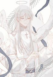 Rule 34 | 1boy, absurdres, angel, angel wings, belt, colored eyelashes, cross, earrings, grey eyes, halo, highres, infinity symbol, jewelry, long hair, lord of the mysteries, open arms, ouroboros (lord of the mysteries), reptile, robe, shaoyun771, silver hair, skeleton, snake, solo, white robe, wings