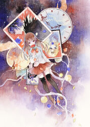 Rule 34 | 1boy, 2girls, analog clock, black coat, black thighhighs, blonde hair, blue eyes, blue flower, blue hair, blue rose, brown hair, clock, closed mouth, coat, drawing (object), falling petals, floating, flower, framed, garry (ib), hair over eyes, highres, holding, holding flower, ib (ib), ib (kouri), light particles, long hair, long sleeves, looking at viewer, mary (ib), multicolored background, multiple girls, orb, painting (medium), petals, pleated skirt, portrait (object), profile, red eyes, red flower, red rose, red skirt, rei (456789io), rose, shirt, short hair, skirt, thighhighs, traditional media, watercolor (medium), white shirt, zettai ryouiki