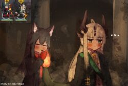 Rule 34 | ..., 2girls, ahoge, animal ears, arknights, black coat, black hair, blonde hair, blush, closed eyes, coat, commentary, commentary request, english commentary, flame-tipped tail, green eyes, highres, horns, lighting cigarette, mixed-language commentary, multiple girls, pixiv id, ponytail, reed (arknights), reference inset, smoking, tail, texas (arknights), turnip eh