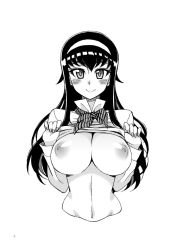 Rule 34 | 1girl, blush, breasts, cleavage, clothes lift, greyscale, hairband, huge breasts, kusanagi tonbo, long hair, looking at viewer, monochrome, navel, nipples, original, outdoors, shirt, shirt lift, simple background, smile, solo, upper body, white background