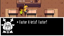 Rule 34 | 1boy, 1girl, animated, animated gif, antlers, classroom, deltarune, desk, english text, from side, hetero, horns, kris (deltarune), noelle holiday, pixel art, sex, sex from behind, standing, standing sex