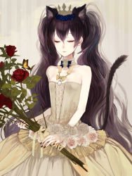 Rule 34 | 1girl, animal ears, bad id, bad pixiv id, bare shoulders, bug, butterfly, cat ears, cat tail, crown, dress, closed eyes, flower, bug, jewelry, nail polish, necklace, original, red flower, red nails, red rose, rose, shikishima (eiri), solo, tail