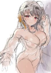 Rule 34 | 1girl, bandaged head, bandages, bare shoulders, bed, blush, breasts, cleavage, closed mouth, goddess of victory: nikke, grey hair, hair ribbon, highres, large breasts, long hair, lying, modernia (first affection) (nikke), modernia (nikke), nipples, official alternate costume, on side, reaching, reaching towards viewer, red eyes, ribbon, see-through, see-through shirt, seozo, shirt, simple background, sketch, smile, solo, white shirt, yellow ribbon