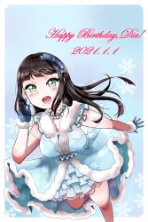 Rule 34 | 1girl, 717 waso, aqua eyes, artist name, artist request, black hair, blue bow, blue dress, blue gloves, blush, bow, breasts, dress, female focus, fur-trimmed dress, fur trim, gloves, green eyes, hair bow, highres, kurosawa dia, long hair, looking at viewer, love live!, love live! school idol festival, love live! sunshine!!, medium breasts, mole, mole under mouth, parted lips, puffy short sleeves, puffy sleeves, short sleeves, smile, solo, standing, standing on one leg, white detached collar