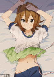 Rule 34 | 1girl, alternate hairstyle, arms up, artist name, bed sheet, blush, breast padding, brown eyes, brown hair, hair down, k-on!, lying, midriff, navel, no headwear, o/, on back, outstretched arms, panties, pants, shirt, short hair, smile, solo, striped clothes, striped panties, tainaka ritsu, tape measure, track pants, underwear, yamasaki wataru