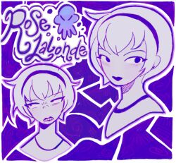 Rule 34 | 1girl, annoyed, beta kids, black lips, headband, homestuck, looking to the side, non-web source, pink light, purple background, rose lalonde, short hair, source request, spiral