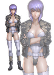 Rule 34 | 1girl, breasts, fingerless gloves, ghost in the shell, ghost in the shell stand alone complex, gloves, ikegami noroshi, jacket, kusanagi motoko, large breasts, leotard, purple hair, red eyes, revision, short hair, thighhighs