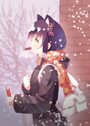 Rule 34 | 1girl, absurdres, animal ear fluff, animal ears, backpack, bag, bare tree, black hair, blurry, blush, box, brick wall, cat ears, cat girl, chocolate, coat, earrings, enpera, food, food in mouth, from side, hand on own chest, heart, heart earrings, highres, holding, holding box, jewelry, long sleeves, master (momitai7), mouth hold, original, outdoors, plaid, plaid scarf, profile, scarf, snowing, solo, tree, v-shaped eyebrows, yellow eyes