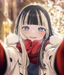 Rule 34 | 1girl, black hair, blue eyes, blunt bangs, blush, coat, duffel coat, fur trim, gloves, grey hair, highres, hololive, hololive dev is, juufuutei raden, long hair, looking at viewer, meme, menma (ru28), mittens, multicolored hair, open clothes, open coat, open mouth, pov, pov cheek warming (meme), reaching, reaching towards viewer, red gloves, red scarf, scarf, sidelocks, smile, snowing, solo, streaked hair, teeth, toggles, upper teeth only, virtual youtuber, white coat, winter clothes, winter coat, winter gloves