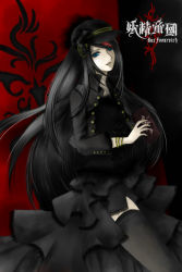 Rule 34 | 1girl, artist request, black dress, black hair, black thighhighs, blue eyes, bracelet, buttons, copyright name, double-breasted, dress, female focus, fingernails, frills, fur trim, gothic lolita, hat, j-rock, jacket, jewelry, lolita fashion, long fingernails, long hair, looking at viewer, multicolored hair, musician, nail polish, solo, straight hair, thighhighs, two-tone hair, very long hair, yousei teikoku, yui (yousei teikoku), zettai ryouiki