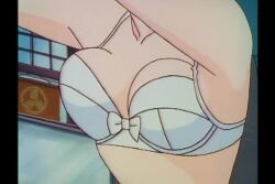 1990s_(style) animated anime_screenshot aqua_hair arms_up blue_hair bouncing_breasts bra breast_focus breasts collarbone head_out_of_frame houma_hunter_lime lime_(houma_hunter_lime) medium_breasts outdoors retro_artstyle ribbon_bra running sound tagme underwear video white_bra