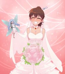 Rule 34 | 2girls, bare shoulders, benriya saitou-san isekai ni iku, blue eyes, blue hair, bouquet, breasts, brown hair, cleavage, closed eyes, collarbone, cowboy shot, dress, elbow gloves, facial scar, fairy, fairy wings, flower, frilled dress, frills, full body, gloves, gradient background, grin, highres, lafanpan, long hair, medium breasts, medium hair, multiple girls, open mouth, pink background, ponytail, raelza (benriya saitou-san), scar, scar on cheek, scar on face, smile, sparkle, standing, tenk, twintails, wedding dress, white dress, white gloves, wings