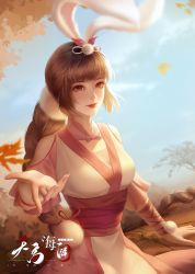 Rule 34 | 1girl, alternate costume, animal ears, armband, artist request, blue sky, braid, braided ponytail, brown hair, chinese clothes, douluo dalu, hanfu, highres, jianghu chuan bai you jie, long hair, outdoors, outstretched hand, pom pom (clothes), rabbit ears, ribbon, sash, second-party source, sitting, sky, smile, solo, upper body, xiao wu (douluo dalu)