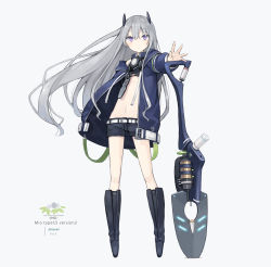 Rule 34 | 1girl, animal ears, belt, black footwear, black shorts, blue coat, blush, boots, character name, closed mouth, coat, fake animal ears, flat chest, floating hair, full body, grey background, grey hair, hair between eyes, holding, holding weapon, long hair, long sleeves, looking at viewer, mecha musume, mechanical tail, midriff, navel, open clothes, open coat, original, outstretched arm, poco (asahi age), purple eyes, short shorts, shorts, shovel, sidelocks, simple background, solo, standing, tail, weapon, white belt