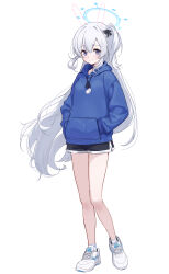 Rule 34 | 1girl, absurdres, blue archive, blue halo, blue hoodie, blush, closed mouth, commentary, english commentary, full body, grey hair, gyool, hair between eyes, halo, highres, hood, hood down, hoodie, long hair, long sleeves, looking at viewer, miyako (blue archive), one side up, purple eyes, shoes, simple background, smile, socks, solo, white background, white footwear, white socks