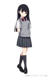 Rule 34 | 1girl, black footwear, black hair, black socks, bow, bowtie, breasts, closed mouth, collared shirt, copyright notice, douka ore wo houtteoitekure, full body, grey sweater vest, highres, kneehighs, large breasts, loafers, looking at viewer, mamyouda, plaid, plaid skirt, pleated skirt, purple eyes, red bow, school uniform, shiramine mashiro, shirt, shoes, simple background, skirt, socks, solo, standing, striped bow, sweater vest, white background, white shirt