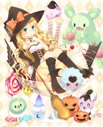 Rule 34 | 10s, 1girl, alternate costume, asymmetrical clothes, blonde hair, blue eyes, boots, breasts, caitlin (pokemon), candy, cleavage, creatures (company), elbow gloves, elite four, food, game freak, gen 5 pokemon, gloves, gothita, halloween, hat, highres, ice cream, joltik, litwick, lollipop, long hair, moe (hamhamham), munna, nintendo, pokemon, pokemon (creature), pokemon bw, reuniclus, saliva, single glove, small breasts, solosis, witch hat, woobat