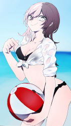 Rule 34 | 1girl, ball, beachball, bikini, black bikini, breasts, brown eyes, brown hair, cleavage, closed mouth, esu (transc), hair between eyes, hand up, heterochromia, highres, holding, holding ball, holding beachball, long hair, looking at viewer, medium breasts, multicolored hair, neo politan, pink hair, rwby, shirt, sleeves rolled up, smile, solo, split-color hair, swimsuit, tied shirt, two-tone hair, wet, wet clothes, wet shirt, white eyes, white shirt