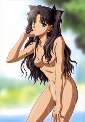 Rule 34 | 1girl, absurdres, blue eyes, breasts, cowboy shot, fate/stay night, fate (series), female focus, hair over breasts, highres, ishihara megumi, navel, nude, nude filter, outdoors, pussy, solo, third-party edit, tohsaka rin, uncensored, wet