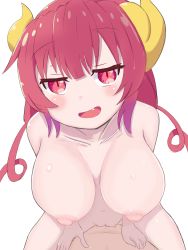 Rule 34 | 1boy, 1girl, absurdres, breasts, collarbone, completely nude, cowboy shot, cowgirl position, curled horns, drill hair, fang, feet out of frame, hetero, highres, horns, ilulu (maidragon), kobayashi-san chi no maidragon, large breasts, long hair, looking at viewer, matching hair/eyes, navel, nipples, nude, open mouth, penis, pink eyes, pink hair, pussy, sex, shincito, shiny skin, simple background, slit pupils, smile, straddling, twin drills, twintails, vaginal, white background