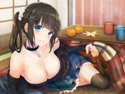 Rule 34 | 1girl, arm support, azuki yui, bare shoulders, black hair, blue eyes, blunt bangs, breasts, choker, cleavage, collarbone, food, frilled skirt, frills, fruit, grin, hair ornament, hairclip, large breasts, long sleeves, looking at viewer, lying, mandarin orange, medium hair, no bra, non-web source, off shoulder, on side, original, over-kneehighs, parted lips, plaid, plaid skirt, pleated skirt, scrunchie, side ponytail, skirt, smile, solo, strapless, sweater, thighhighs, x hair ornament