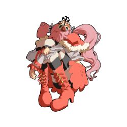 Rule 34 | 1girl, belt, boots, convenient leg, crown, female focus, fetal position, full body, high heel boots, high heels, highres, iam san3, long hair, one piece, perona, pink hair, red footwear, red skirt, simple background, sitting, skirt, solo, twintails, very long hair, white background
