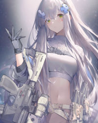 Rule 34 | ai-assisted, black gloves, bottomless, breasts, girls&#039; frontline, gloves, green eyes, groin, gun, highres, hk416 (girls&#039; frontline), liu zhao, long hair, looking at viewer, medium breasts, navel, no panties, out-of-frame censoring, stomach, weapon, white hair
