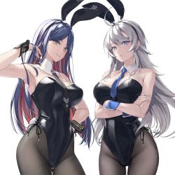 Rule 34 | 2girls, ahoge, animal ears, arm up, bare arms, black leotard, black necktie, black pantyhose, blue hair, blue necktie, bow, bowtie, breasts, brown pantyhose, colored inner hair, covered navel, cowboy shot, crossed arms, detached collar, fake animal ears, grey eyes, grey hair, hair between eyes, hand in own hair, hand on own hip, highleg, highleg leotard, highres, kantai collection, large breasts, leotard, long hair, looking at viewer, multicolored hair, multiple girls, necktie, pantyhose, playboy bunny, rabbit ears, red hair, rokuwata tomoe, simple background, smile, south dakota (kancolle), strapless, strapless leotard, swept bangs, thighs, traditional bowtie, very long hair, washington (kancolle), white background, white hair, wrist cuffs, yellow eyes