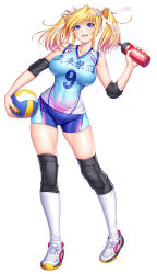 Rule 34 | 1girl, alternate costume, ball, bare legs, blonde hair, blue eyes, breasts, curvy, full body, hair ribbon, highres, holding, holding ball, large breasts, lilith-soft, long hair, looking at viewer, official alternate costume, open mouth, playing sports, pointy ears, ribbon, shinganji kurenai, shiny skin, short shorts, shorts, simple background, smile, sportswear, sweat, sweatdrop, taimanin (series), taimanin kurenai, taimanin rpgx, twintails, volleyball uniform, white background, wide hips