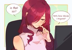 Rule 34 | 1girl, bare shoulders, chair, closed eyes, emi star, finger to mouth, hair over one eye, highres, kirijou mitsuru, long hair, monitor, persona, persona 3, red hair, sleeveless, sleeveless turtleneck, solo, turtleneck, upper body