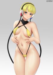 Rule 34 | 1girl, absurdres, blonde hair, blue eyes, breasts, brikot, closed mouth, collarbone, creatures (company), elesa (pokemon), expressionless, fingernails, game freak, groin, gym leader, hands on own stomach, headphones, highres, looking at viewer, medium breasts, navel, nintendo, pokemon, pokemon bw, shiny skin, short hair, slingshot swimsuit, solo, stomach, swimsuit, thigh gap, twitter username