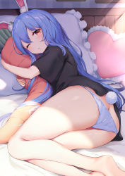 Rule 34 | 1girl, ;o, alternate hairstyle, animal ear fluff, animal ears, barefoot, bed, bedroom, black shirt, blue hair, butt crack, carrot-shaped pillow, food-themed pillow, hair down, heart, heart-shaped pillow, highres, hololive, legs together, long hair, looking at viewer, lying, miya (tokumei), no pants, hugging object, on side, one eye closed, open mouth, panties, pillow, pillow hug, rabbit ears, rabbit girl, rabbit tail, shirt, solo, sunlight, t-shirt, tail, underwear, usada pekora, virtual youtuber, white panties