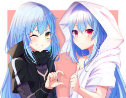 Rule 34 | 2others, blue hair, border, closed mouth, grin, highres, hood, hood up, long hair, looking at viewer, multiple others, one eye closed, pink background, red eyes, rimo 000000x, rimuru tempest, smile, straight hair, tensei shitara slime datta ken, very long hair, white border, yellow eyes