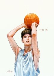 Rule 34 | 1boy, arms up, ball, bare shoulders, basketball (object), brown hair, character name, holding, holding ball, juneseo, korean commentary, looking up, male focus, mitsui hisashi, parted lips, playing sports, short hair, signature, simple background, slam dunk (series), sleeveless, solo, sweat, tank top, upper body, white background