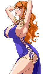 Rule 34 | 1girl, alternate costume, blue dress, breasts, cleavage, dress, highres, huge breasts, large breasts, long dress, long hair, nami (one piece), nami (one piece) (post-timeskip), nami (one piece) (zou), official alternate costume, one piece, orange hair, revealing clothes, short dress, wide hips