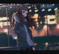 Rule 34 | 1girl, black pantyhose, blue jacket, blurry, blurry background, blurry foreground, brown hair, chain-link fence, closed mouth, commentary request, depth of field, dress, fence, hands in pockets, highres, idolmaster, idolmaster cinderella girls, jacket, kamiya nao, long hair, long sleeves, night, open clothes, open jacket, outdoors, pantyhose, puffy long sleeves, puffy sleeves, railing, red eyes, ryokucha manma, sign, solo, sweater, sweater dress, thick eyebrows, wavy hair, white sweater