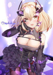 Rule 34 | 1girl, :d, absurdres, azur lane, bare shoulders, black dress, black gloves, blonde hair, blush, breasts, checkered floor, cleavage, cleavage cutout, clothing cutout, commentary request, detached sleeves, dress, gloves, hair between eyes, hair ornament, hand on own cheek, hand on own face, hand up, highres, horns, layered dress, leaning forward, looking at viewer, makihige, medium breasts, medium hair, multicolored hair, open mouth, pantyhose, red hair, roon (azur lane), roon (muse) (azur lane), signature, smile, solo, stage, stage lights, streaked hair, two-tone hair, x hair ornament, yellow eyes