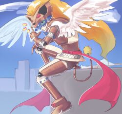 Rule 34 | 1boy, animal ears, blonde hair, blurry, blurry background, brown arm warmers, digimon, digimon (creature), duftmon, feathered wings, green eyes, highres, leopard ears, long hair, male focus, notaventura, sitting, solo, wings