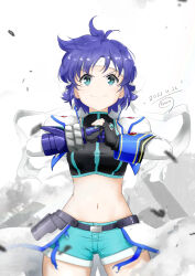Rule 34 | 1girl, ban (777purin), blue eyes, blue hair, blue shorts, blush, breasts, closed mouth, dated, headband, highres, looking at viewer, lyrical nanoha, magical girl, midriff, navel, short hair, shorts, signature, simple background, small breasts, smile, solo, subaru nakajima, white background